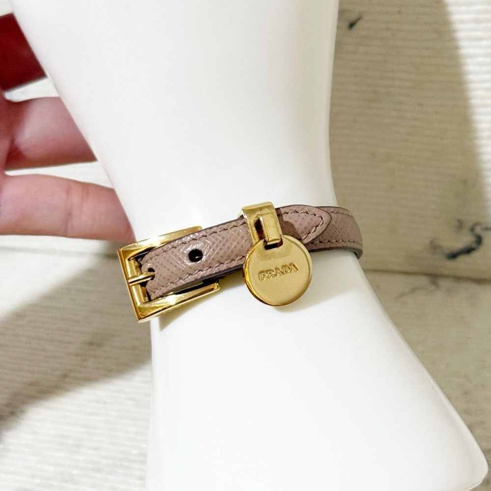 Prada Saffiano Leather Bracelet (Taupe with Gold Toned Hardware, Adjustable)